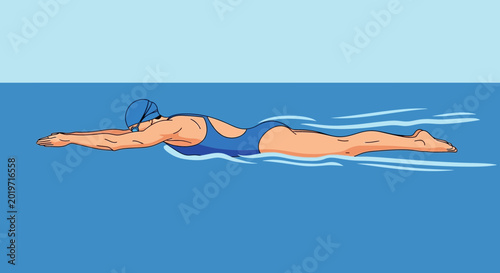 Tableau sur toile Woman swimming freestyle stroke in blue water, athletic woman, summer sport