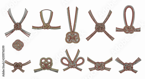 A collection of ten decorative woven knot designs with red, yellow, and white cords