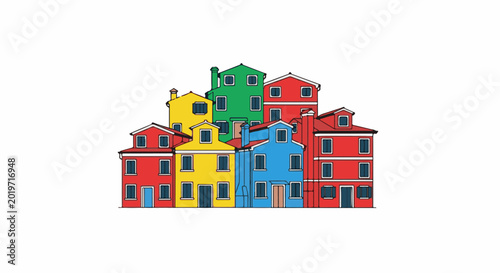A collection of vibrant, colorful houses stacked together, creating a charming village scene