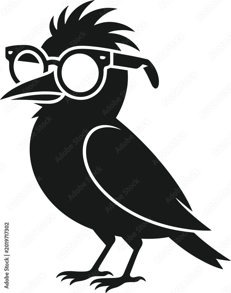 Fototapeta premium Crow with glasses silhouette vector logo, cool bird mascot icon isolated on white background