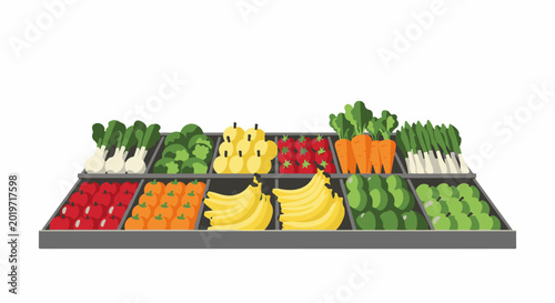 A colorful array of fresh fruits and vegetables displayed on shelves