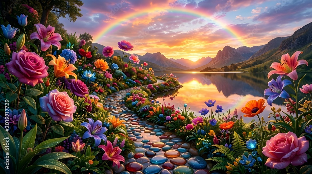 Naklejka premium Enchanting landscape with a winding stone path through a vibrant floral paradise, reflecting a brilliant rainbow and sunset over a tranquil lake amidst majestic mountains