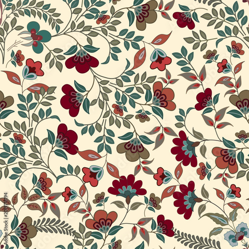 Floral seamless pattern, Flower chintz pattern seamless vector border print. Botanical batik background. Arabesque floral ornament motif for decoration fabric, women clothing, scarf, wallpaper design 