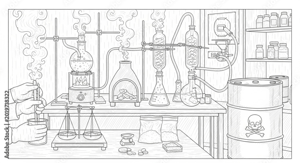 Obraz premium Detailed black and white illustration of a busy chemistry laboratory scene, showing scientific equipment, complex distillation apparatus, weighing scales, and chemical substances