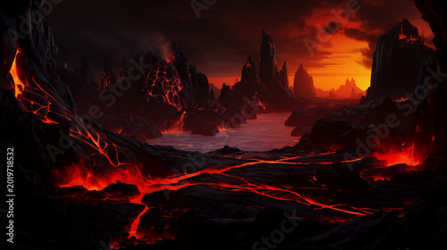 Volcanic Landscape with Dark Rock Texture and Flowing Lava Streams