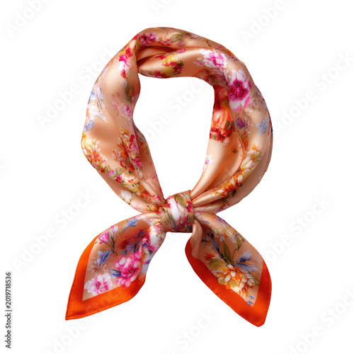 Peach silk scarf with bright floral pattern, tied in a knot, with orange trim detail