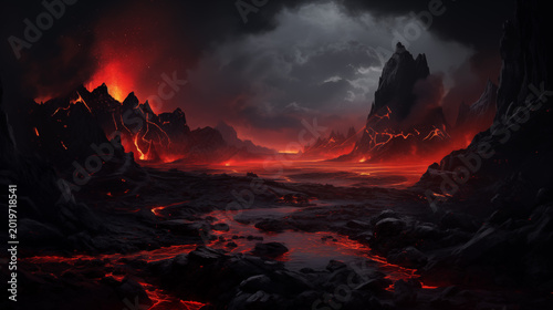 Dark Volcanic Terrain with Vivid Molten Lava Pools and Smoky Sky