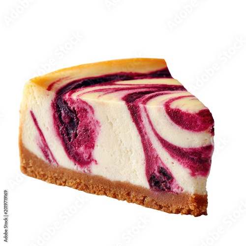 Slice of cheesecake with a marbled berry swirl on a dark background