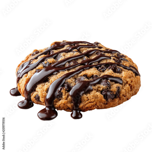Chocolate chip cookie covered with dark chocolate sauce, isolated on black