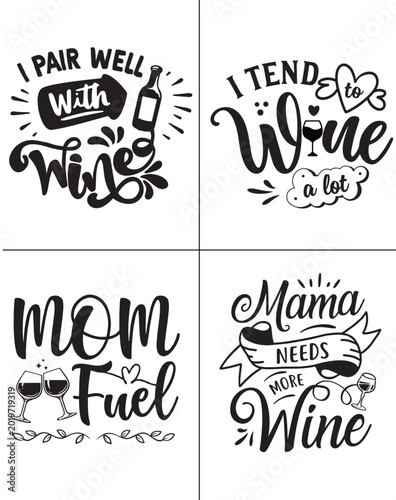 фотографія Funny wine themed sayings with bottle and glass illustrations Vector