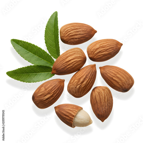 almond nuts with green leaf isolated on transparent background healthy