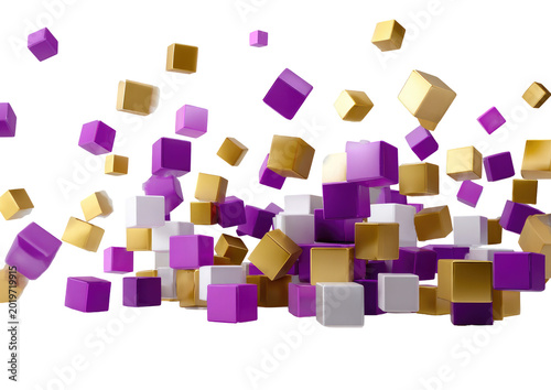 Cubes of gold, purple, and white float amidst a black backdrop, creating a sense of depth and abstraction