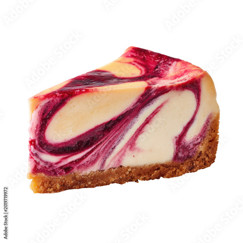 Slice of swirled berry cheesecake with a crumb crust against a black background