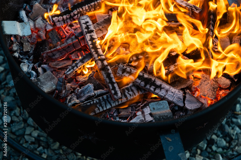 Fototapeta premium top view of fire burning for barbecue copy space