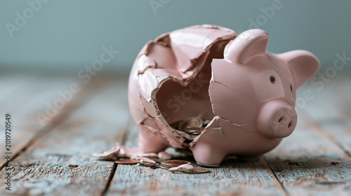 Broken pink piggy bank with scattered coins on wood