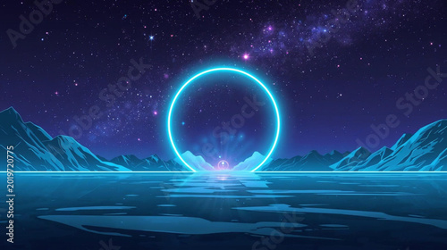 Foto Futuristic fantasy landscape, sci-fi landscape with planet, neon light, cold planet
