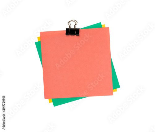 Vászonkép Stack of Colorful Square Sticky Notes Binder Clipped Isolated on Transparent Background