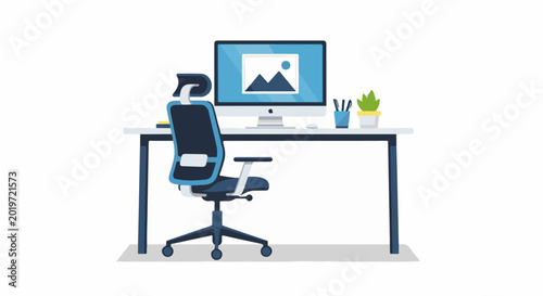 A computer workstation with an ergonomic chair and desk accessories