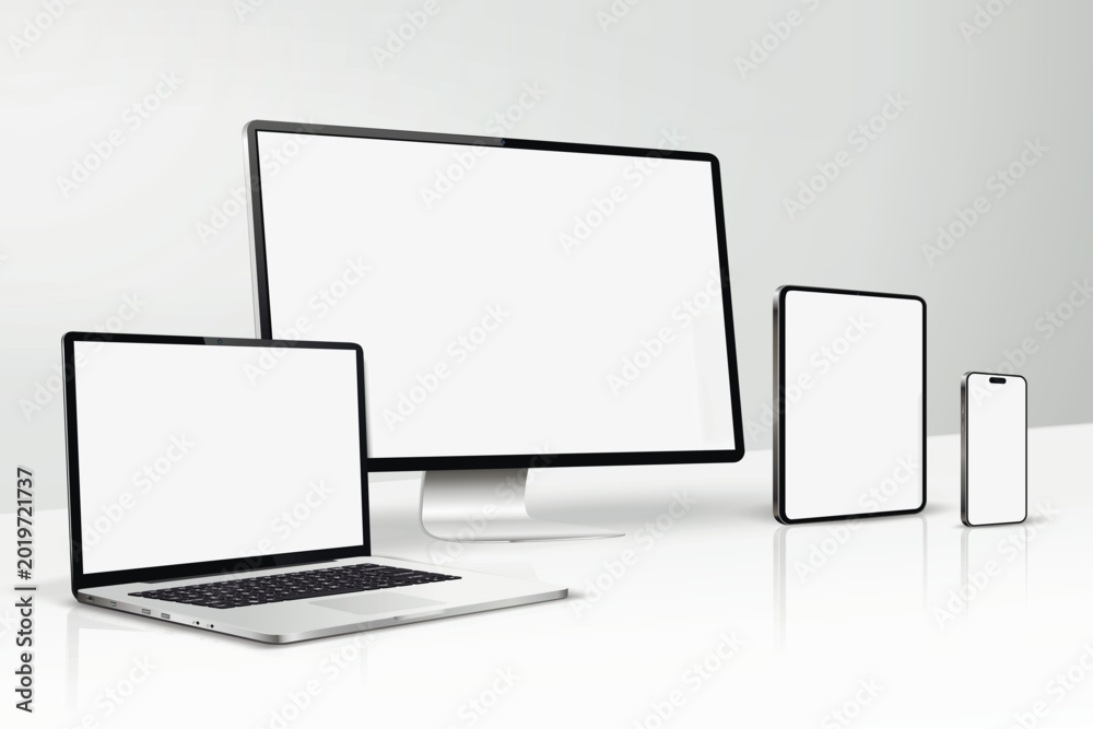 Obraz premium A mockup of computer screen, laptop, tablet, smartphone on a table