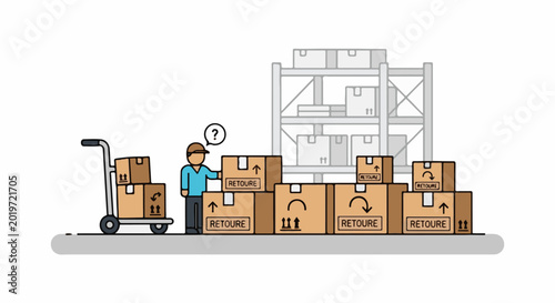 A confused worker stands by a cart of packages in front of a warehouse with many boxes