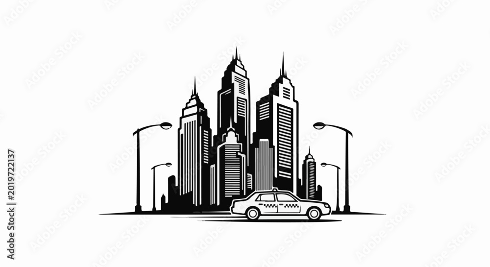 Fototapeta premium Stylized black and white cityscape with a taxi