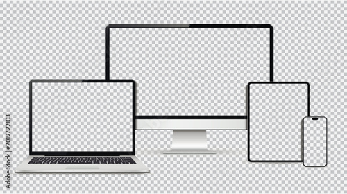 Empty screen computer, laptop, tablet, smartphone mockup. Set technology devices isolated on transparent background.