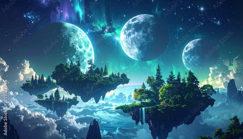 Obraz premium Fantasy scene floating islands with trees, moons, and aurora borealis