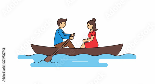 A couple enjoys a peaceful rowboat ride across calm blue waters