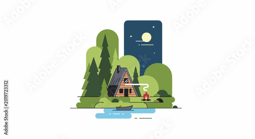 A cozy cabin by a lake under a starry night sky