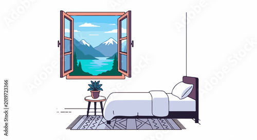 A cozy bedroom with a window view of a serene lake and mountains