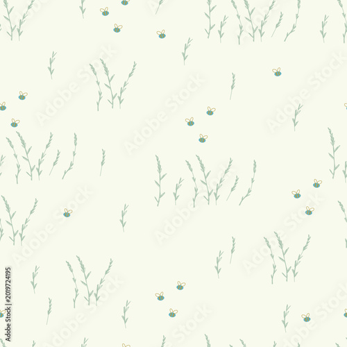 Cute hand drawn bee and plants on light background. Vector illustration, seamless pattern.