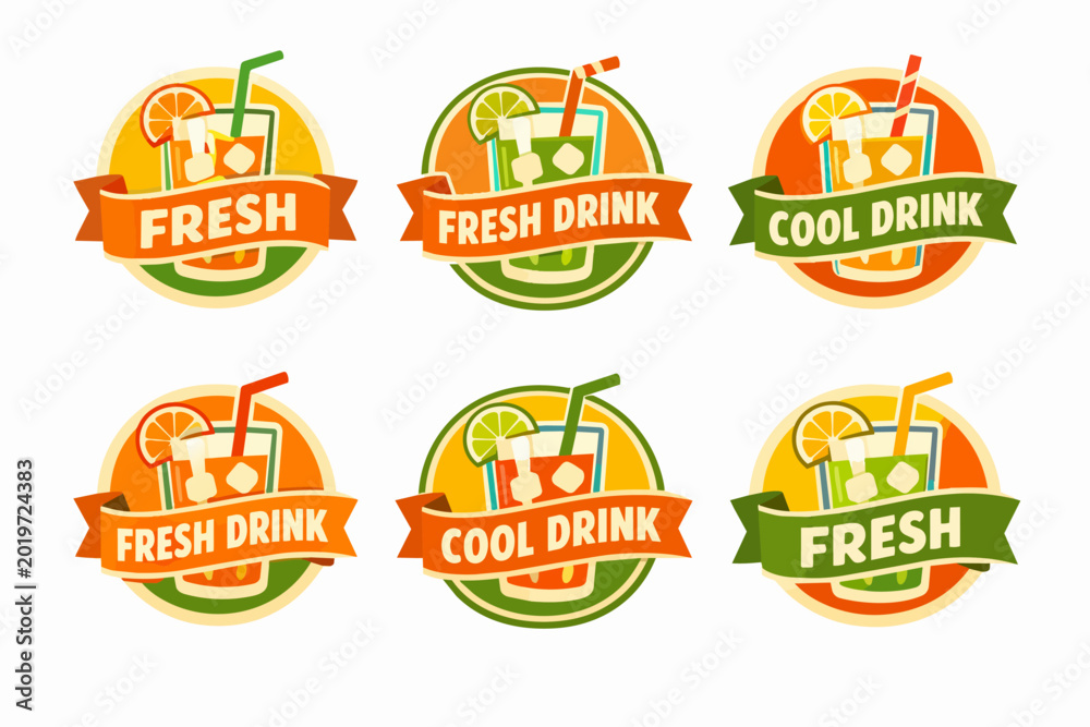 Naklejka premium Bright set of cool fruit drink logos with ice, citrus slices, and drinking straws