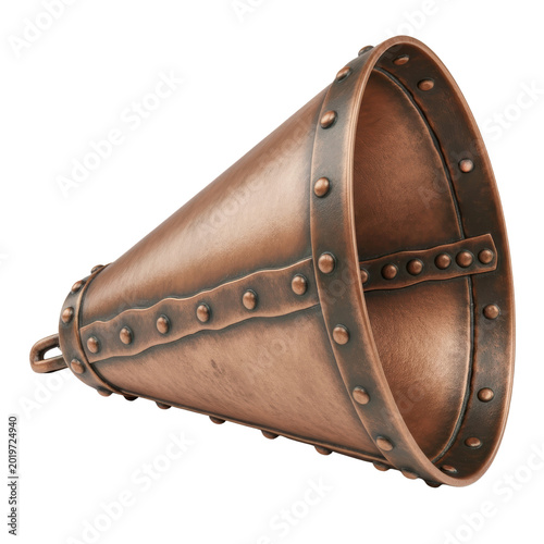 Vintage copper megaphone with rivets and weathered finish with transparent background