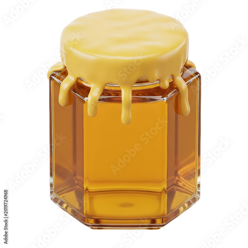 Hexagonal glass honey jar with yellow dripping wax isolated over transparent background