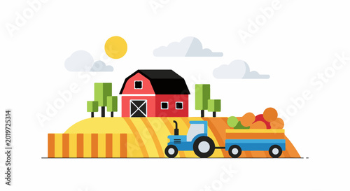 A cartoon farm scene with a red barn, tractor, and harvested produce