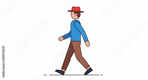 A cartoon figure in a red hat and blue shirt walks