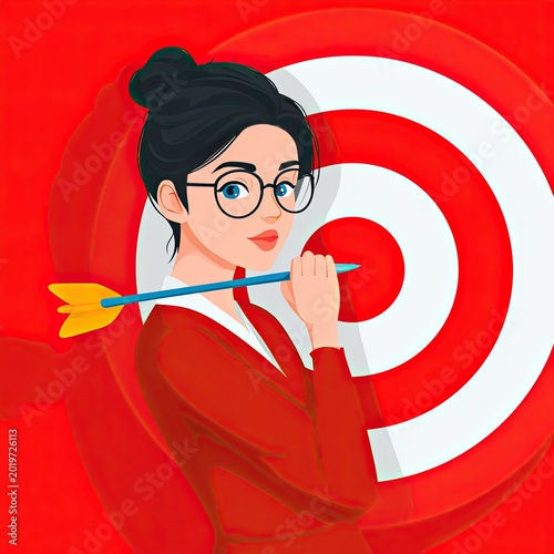 Stylish Young Woman with Arrow in Hand and Red Background Design