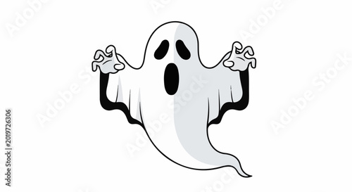 A cartoon ghost with arms outstretched and a mouth agape, appearing scared