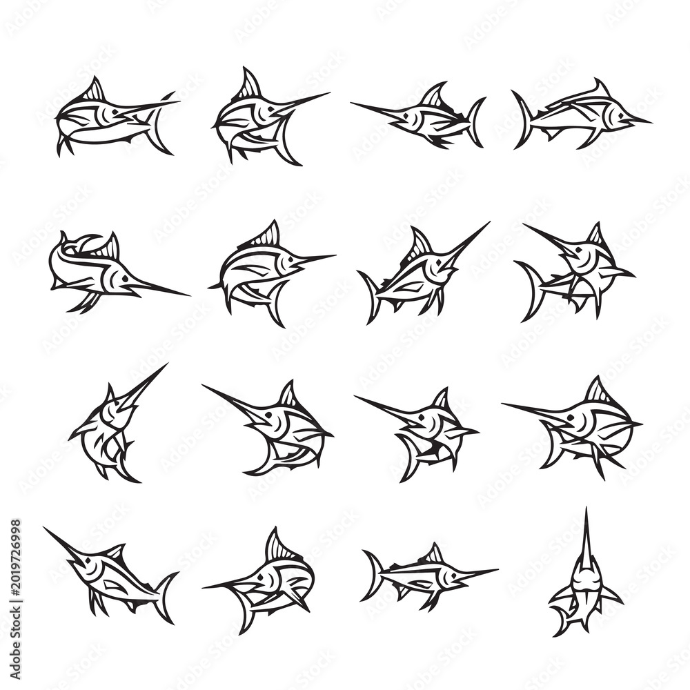 Fototapeta premium Collection of stylized marlin fish icons in dynamic poses on a clean white background for sport fishing themes