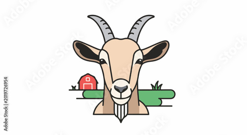 A cartoon goat with horns stands in front of a small red barn