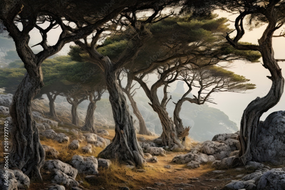 Fototapeta premium Ancient cypress like trees with twisted trunks rise from a rocky ground, creating an ethereal forest path