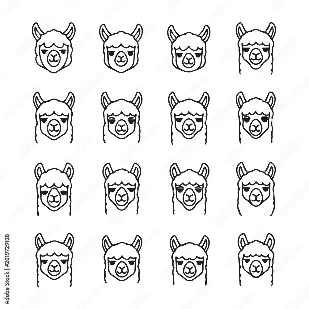 Obraz premium Cute llama faces in a grid with simple outline style for playful design elements