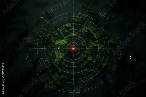 Radar crosshairs targeting a lush green forest, symbolizing observation and climate tracking