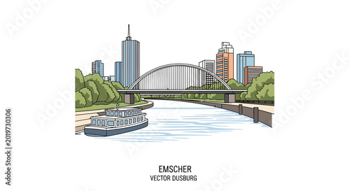 Urban cityscape with arched bridge and river canal boat
