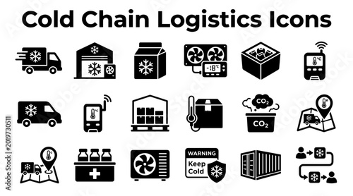 Photos Collection of vector icons depicting refrigerated transport, storage units, temperature control, and logistics monitoring devices