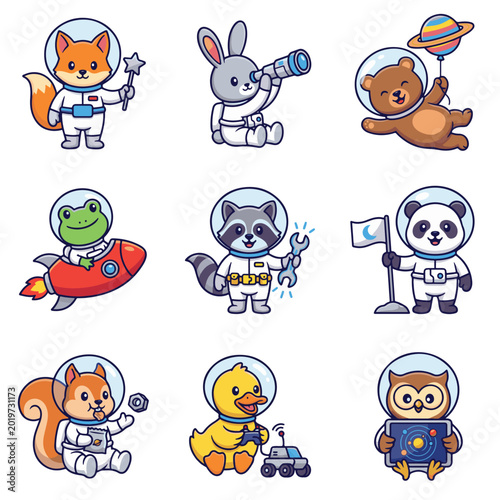 Принти на полотні A collection of cute cartoon animals dressed as astronauts, including a fox, rabbit, bear, frog, raccoon, panda, squirrel, duck, and owl, engaged in various space exploration activities