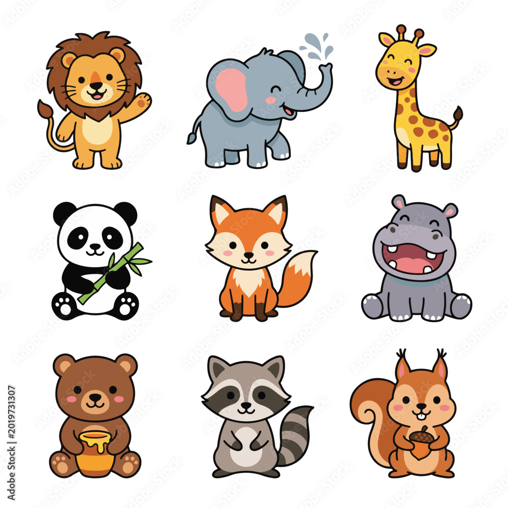 Fototapeta premium A collection of nine cute cartoon animals including a lion, elephant, giraffe, panda, fox, hippo, bear, raccoon, and squirrel, isolated on white.