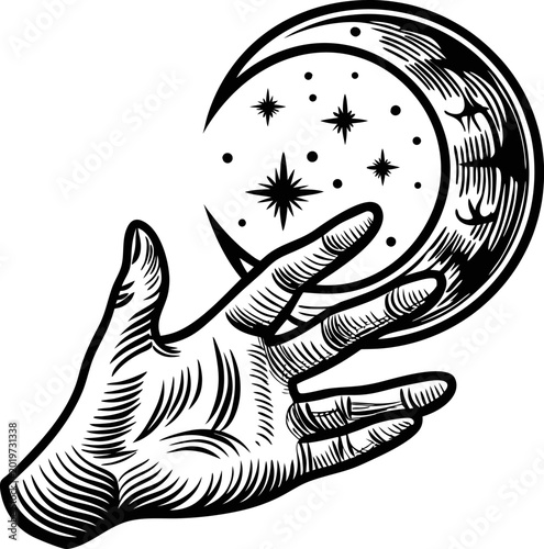 Mystical hand reaching toward crescent moon with stars and celestial details, vintage black and white illustration