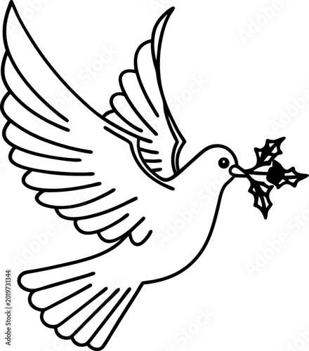 Dove flying with holly branch in beak, symbol of peace and holiday season outline design