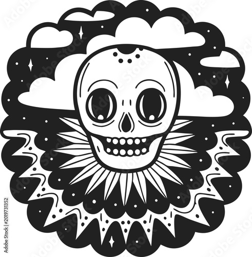 Skull with sun rays and cosmic clouds mystical celestial night illustration with stars and cosmic elements